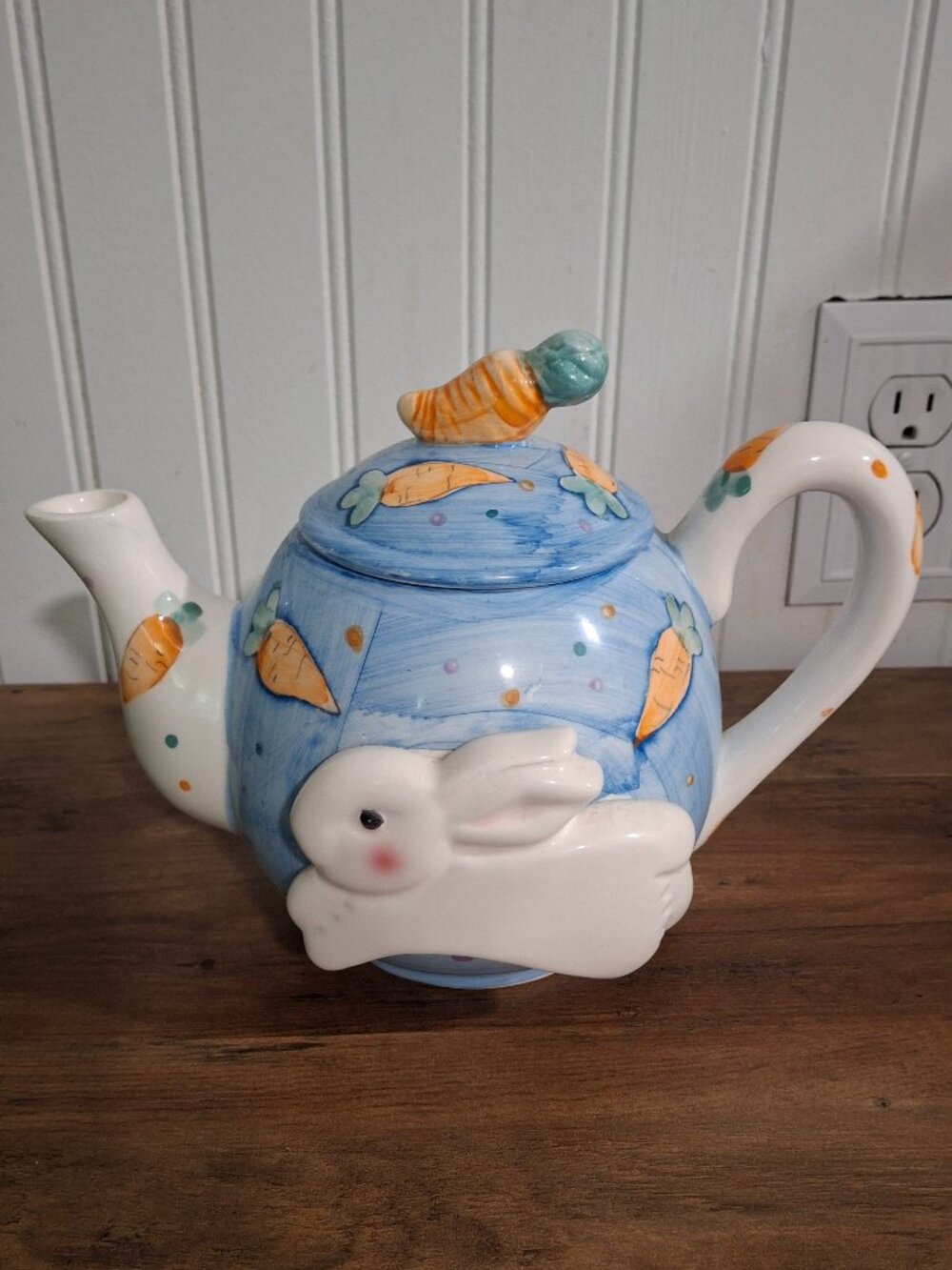 Vintage WCL Ceramic Teapot Easter Rabbit Blue Carrots Spring Bunny